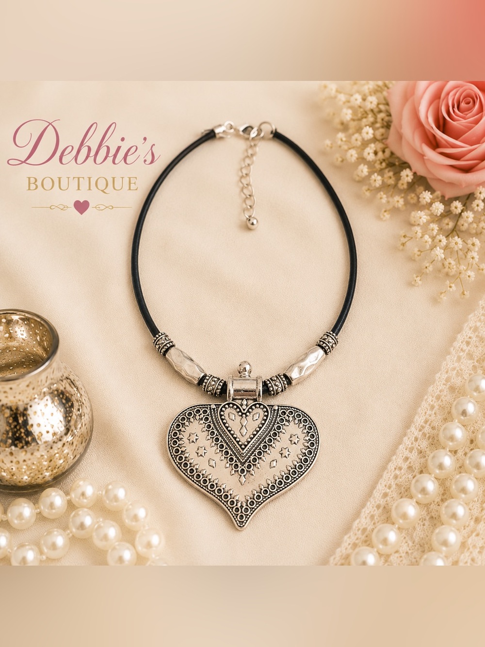 Boho Silvertone Heart Pendant Necklace Black Cord 16”+2” Boutique